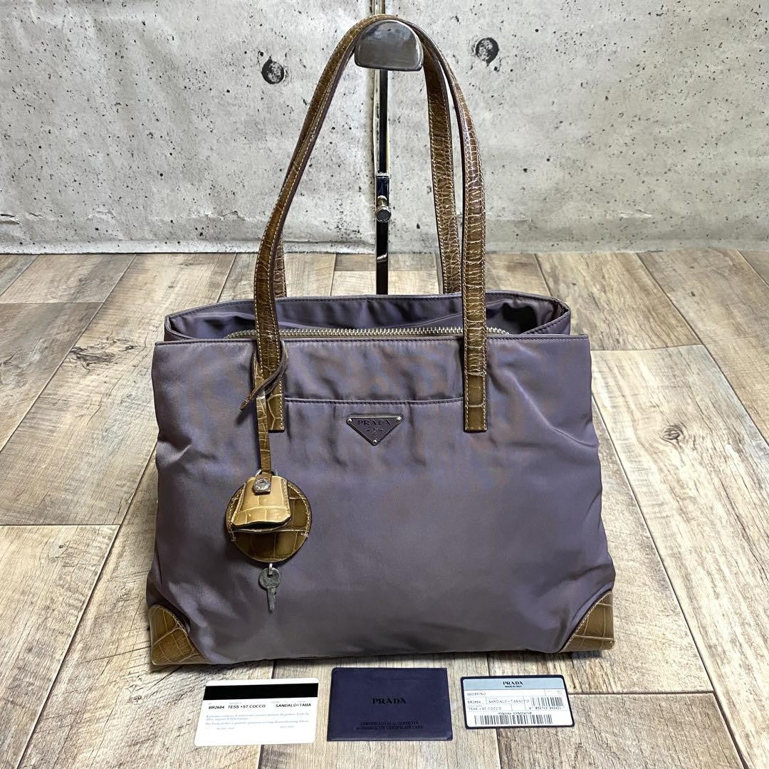 PRADA Hand Bag Tote Purse Logo Nylon Leather Canvas Dark Purple Authentic