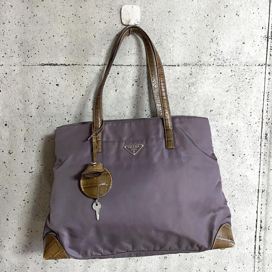 PRADA Hand Bag Tote Purse Logo Nylon Leather Canvas Dark Purple Authentic