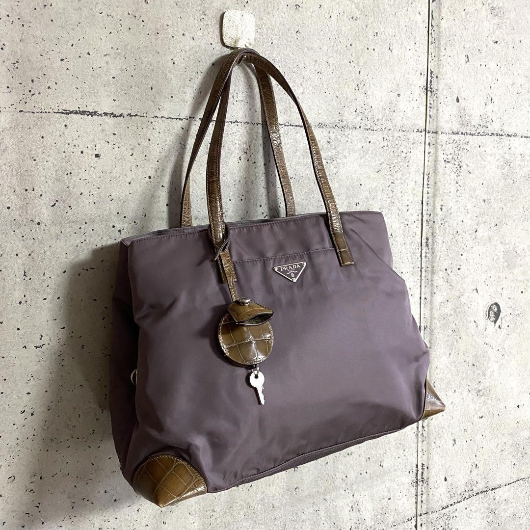 PRADA Hand Bag Tote Purse Logo Nylon Leather Canvas Dark Purple Authentic