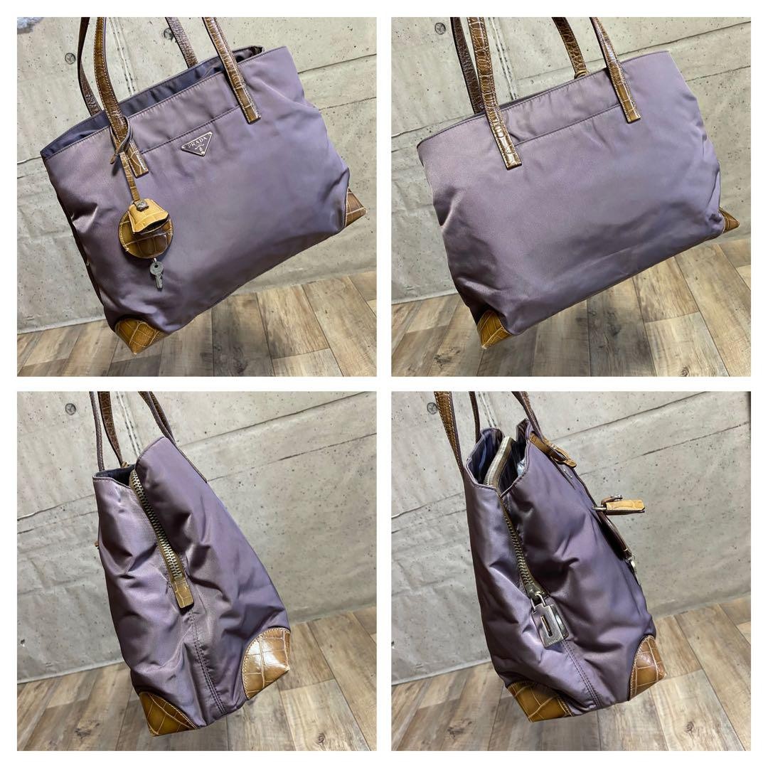 PRADA Hand Bag Tote Purse Logo Nylon Leather Canvas Dark Purple Authentic