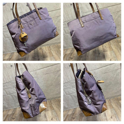 PRADA Hand Bag Tote Purse Logo Nylon Leather Canvas Dark Purple Authentic