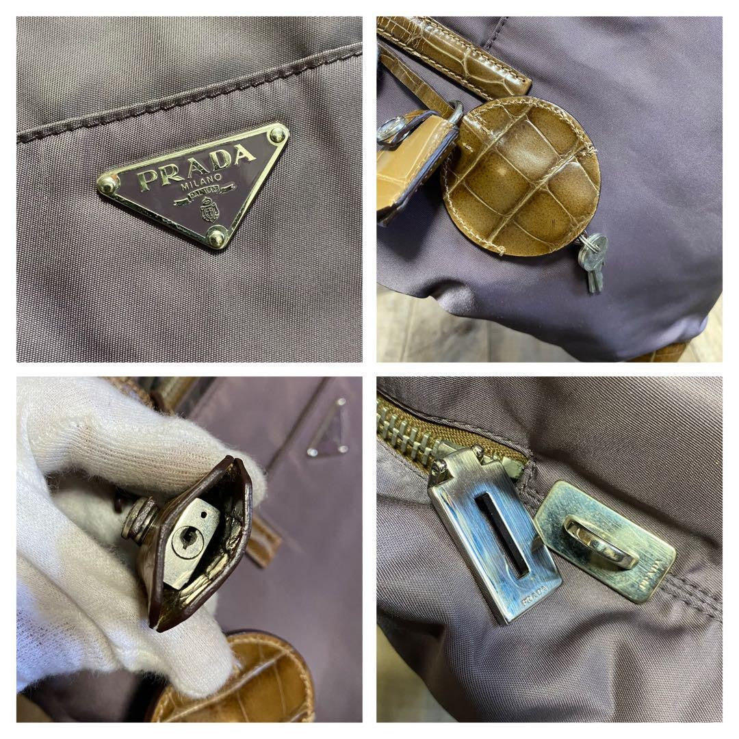 PRADA Hand Bag Tote Purse Logo Nylon Leather Canvas Dark Purple Authentic