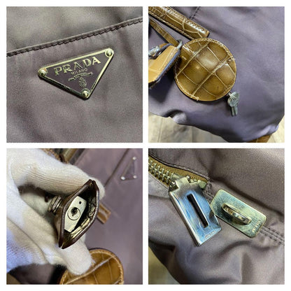 PRADA Hand Bag Tote Purse Logo Nylon Leather Canvas Dark Purple Authentic