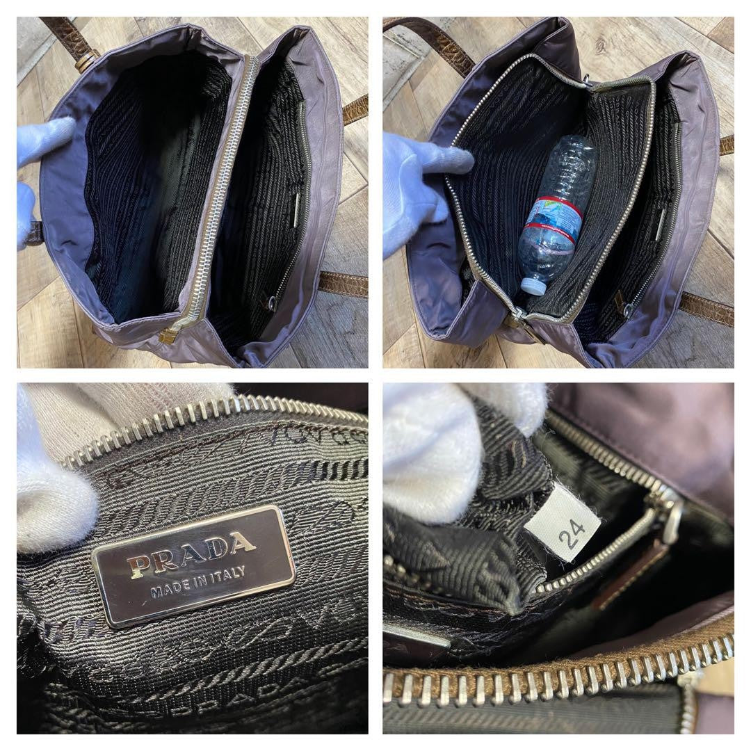 PRADA Hand Bag Tote Purse Logo Nylon Leather Canvas Dark Purple Authentic