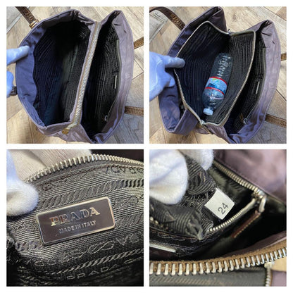 PRADA Hand Bag Tote Purse Logo Nylon Leather Canvas Dark Purple Authentic