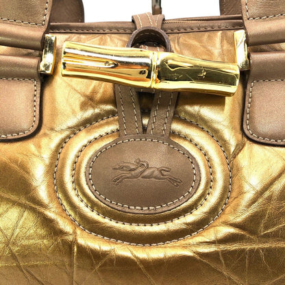 Longchamp Hand Bag Tote Purse Leather Gold Authentic