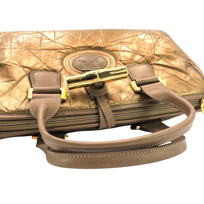 Longchamp Hand Bag Tote Purse Leather Gold Authentic