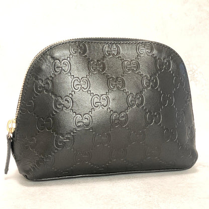 GUCCI Pouch GG  Shima Purse Cosmetic Leather Black Gold Used Authentic