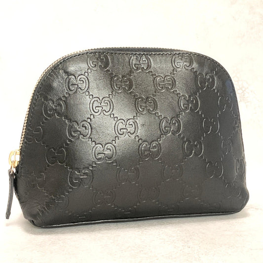 GUCCI Pouch GG  Shima Purse Cosmetic Leather Black Gold Used Authentic