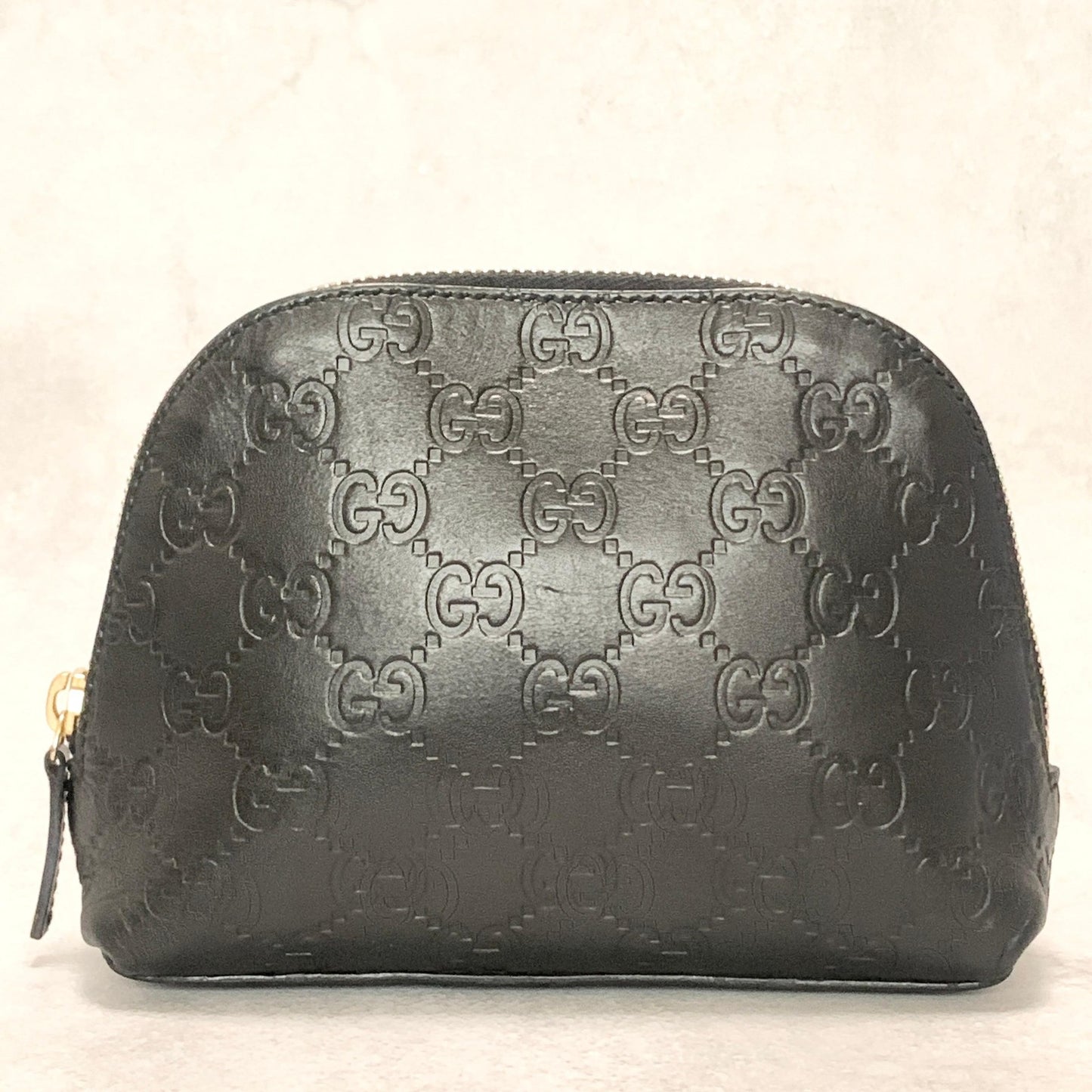 GUCCI Pouch GG  Shima Purse Cosmetic Leather Black Gold Used Authentic