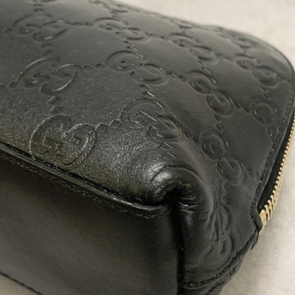 GUCCI Pouch GG  Shima Purse Cosmetic Leather Black Gold Used Authentic