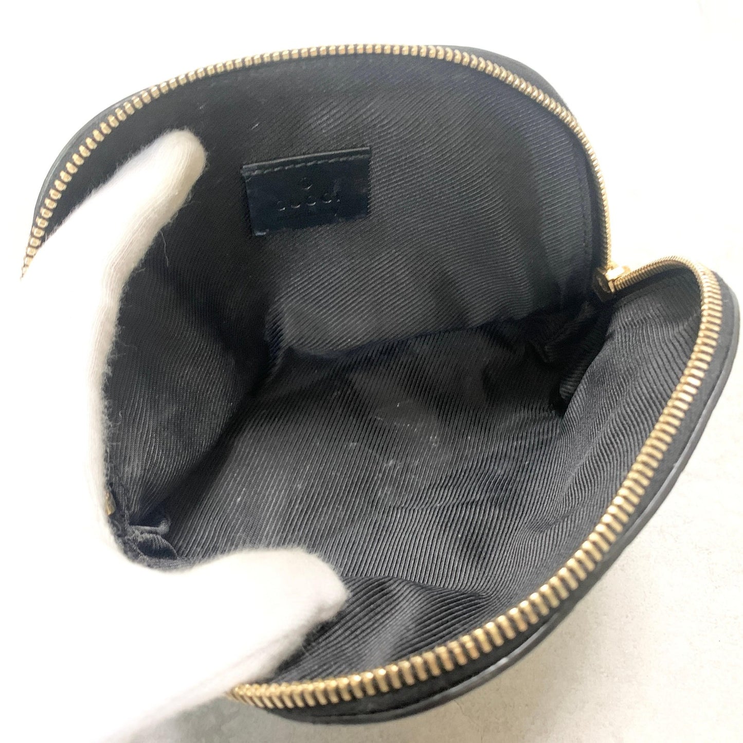 GUCCI Pouch GG  Shima Purse Cosmetic Leather Black Gold Used Authentic