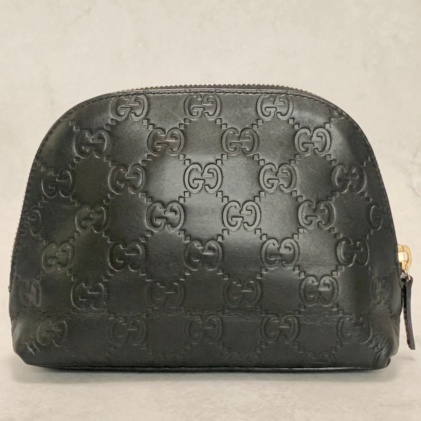 GUCCI Pouch GG  Shima Purse Cosmetic Leather Black Gold Used Authentic