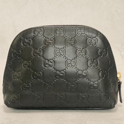 GUCCI Pouch GG  Shima Purse Cosmetic Leather Black Gold Used Authentic