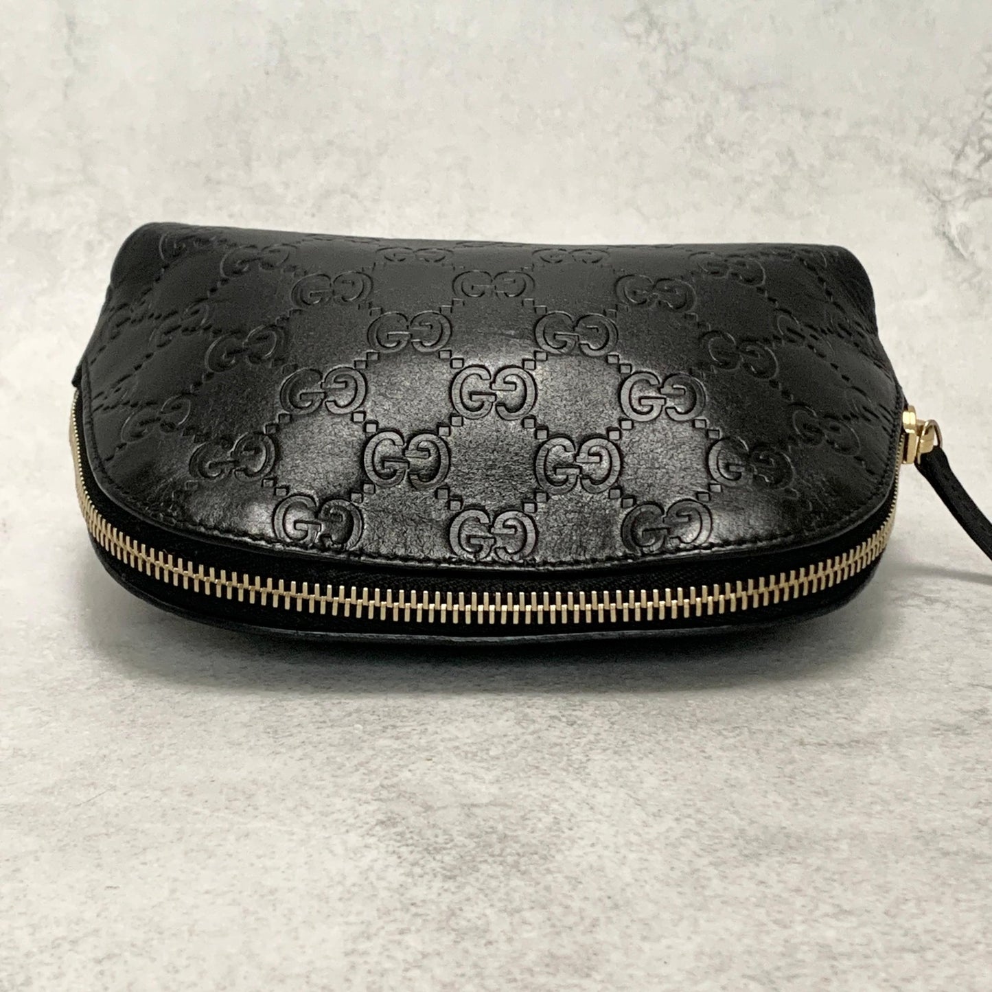 GUCCI Pouch GG  Shima Purse Cosmetic Leather Black Gold Used Authentic