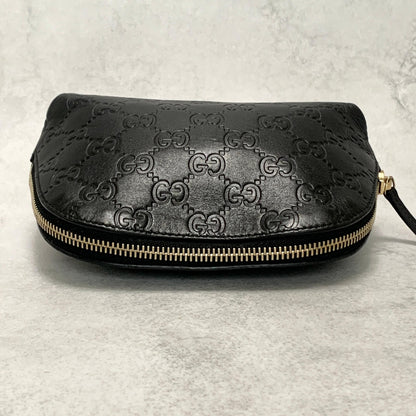 GUCCI Pouch GG  Shima Purse Cosmetic Leather Black Gold Used Authentic