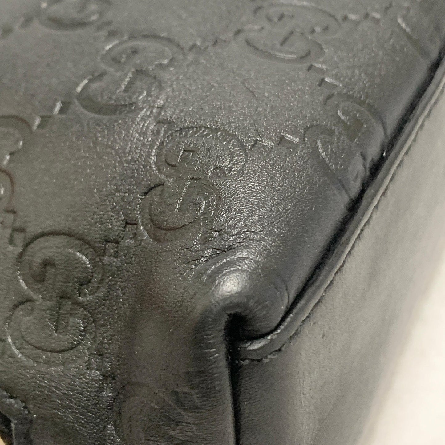 GUCCI Pouch GG  Shima Purse Cosmetic Leather Black Gold Used Authentic