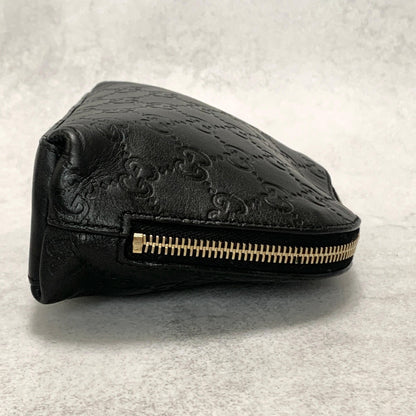 GUCCI Pouch GG  Shima Purse Cosmetic Leather Black Gold Used Authentic