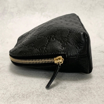 GUCCI Pouch GG  Shima Purse Cosmetic Leather Black Gold Used Authentic