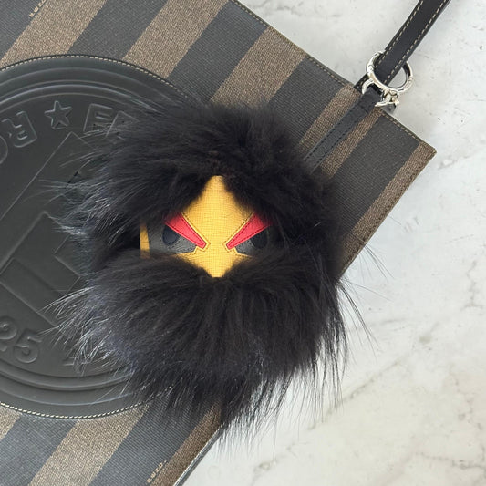 FENDI Bag Charm Monster Key Holder Strap Fur Leather Black Yellow Used Authentic