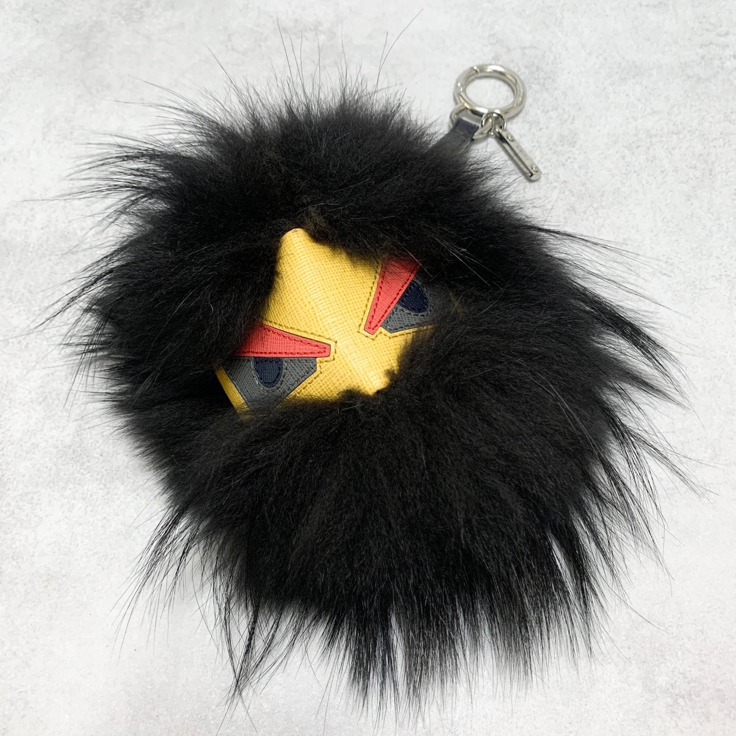 FENDI Bag Charm Monster Key Holder Strap Fur Leather Black Yellow Used Authentic