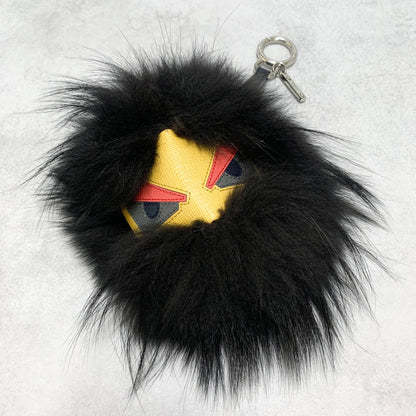FENDI Bag Charm Monster Key Holder Strap Fur Leather Black Yellow Used Authentic