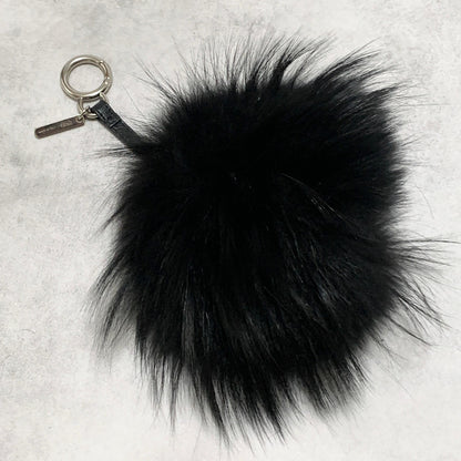 FENDI Bag Charm Monster Key Holder Strap Fur Leather Black Yellow Used Authentic