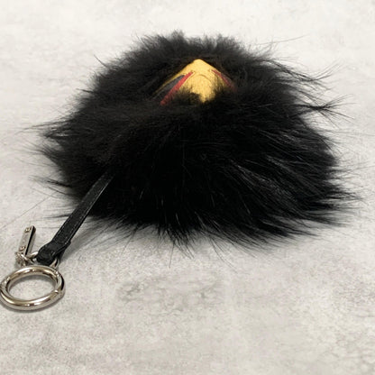 FENDI Bag Charm Monster Key Holder Strap Fur Leather Black Yellow Used Authentic