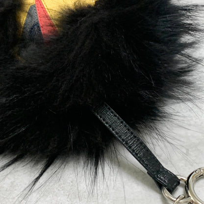 FENDI Bag Charm Monster Key Holder Strap Fur Leather Black Yellow Used Authentic