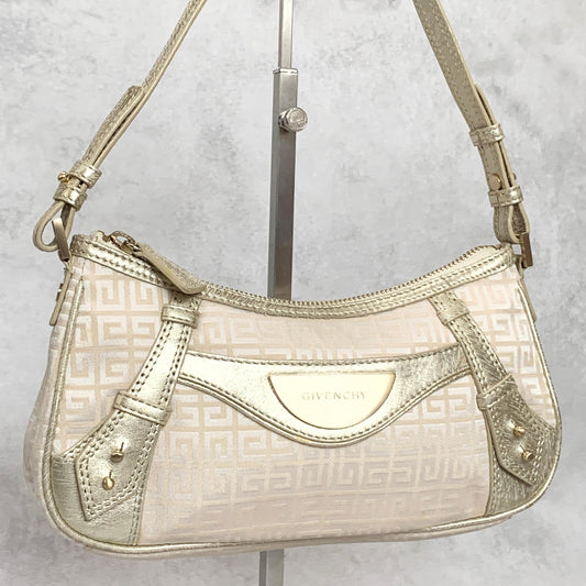 GIVENCHY Shoulder Bag 4G Logo Hand Purse Canvas White Gold Used Women's Auth