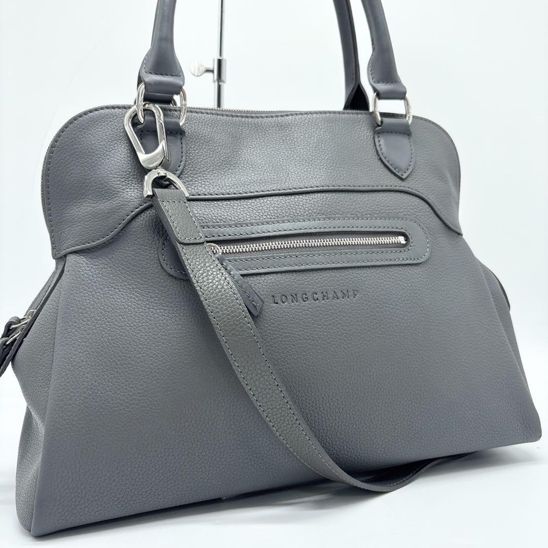 Longchamp Hand Shoulder Bag Tote Purse 2way Leather Greige Authentic