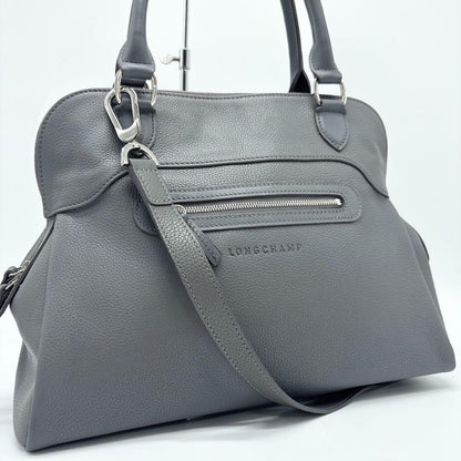 Longchamp Hand Shoulder Bag Tote Purse 2way Leather Greige Authentic