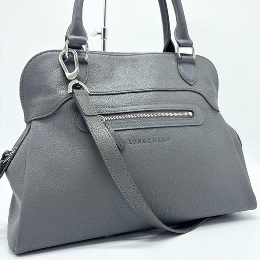 Longchamp Hand Shoulder Bag Tote Purse 2way Leather Greige Authentic