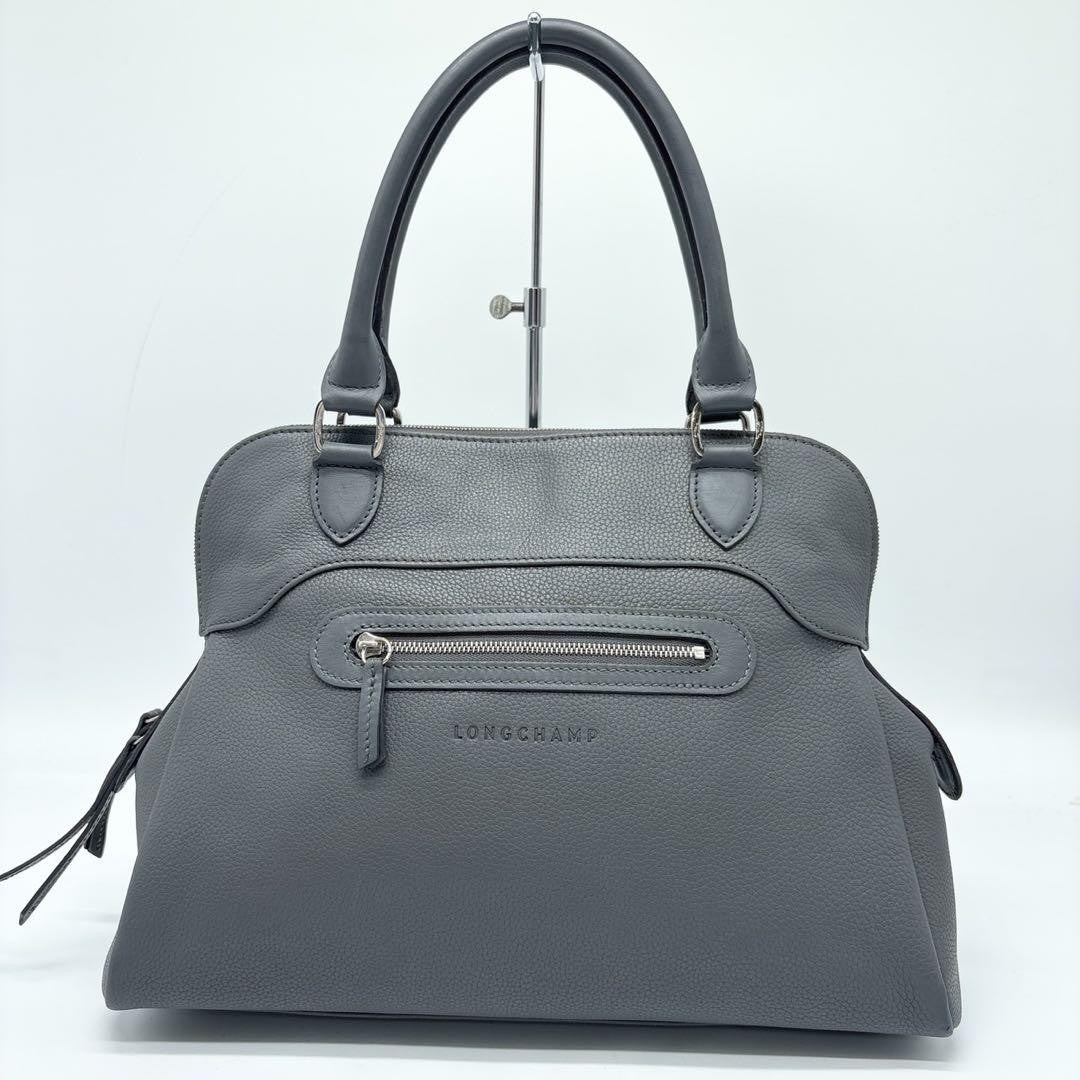 Longchamp Hand Shoulder Bag Tote Purse 2way Leather Greige Authentic