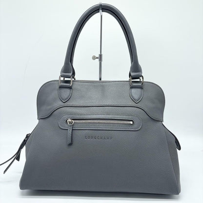 Longchamp Hand Shoulder Bag Tote Purse 2way Leather Greige Authentic