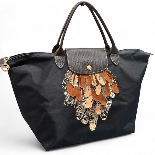 Longchamp Hand Bag Tote Purse Le Pliage Nylon Leather Black Brown Beige Auth