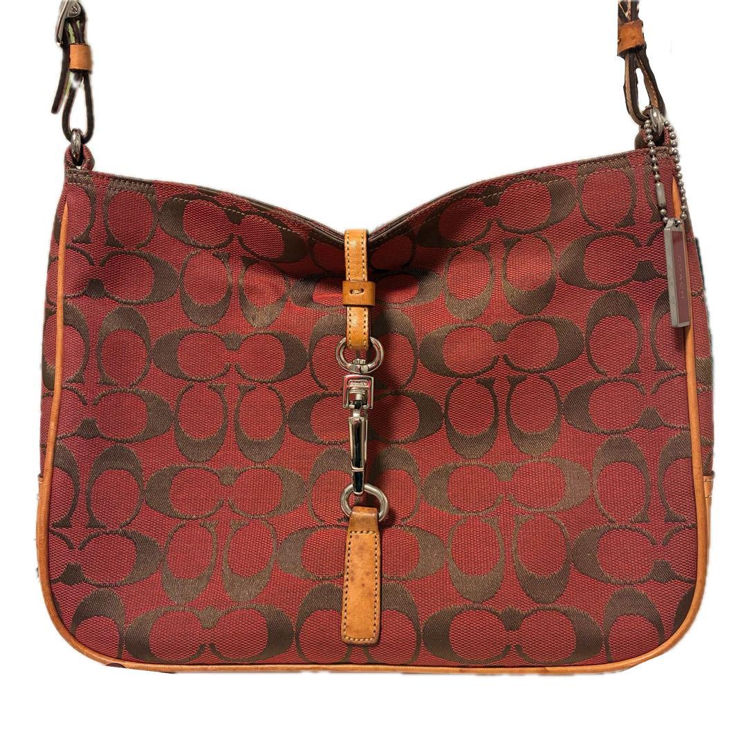 COACH Shoulder Bag Purse Signature Soft Clip Hobo Red Authentic