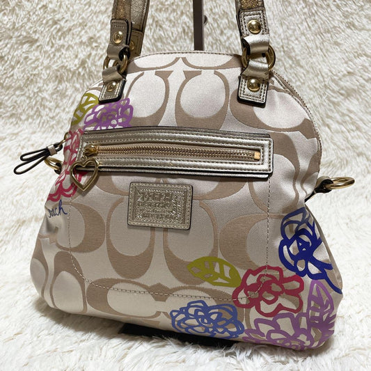 COACH Hand Shoulder Bag Tote Purse 2way Signature 22323 Canvas Beige Gold Auth