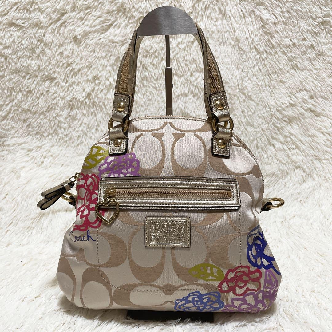 COACH Hand Shoulder Bag Tote Purse 2way Signature 22323 Canvas Beige Gold Auth