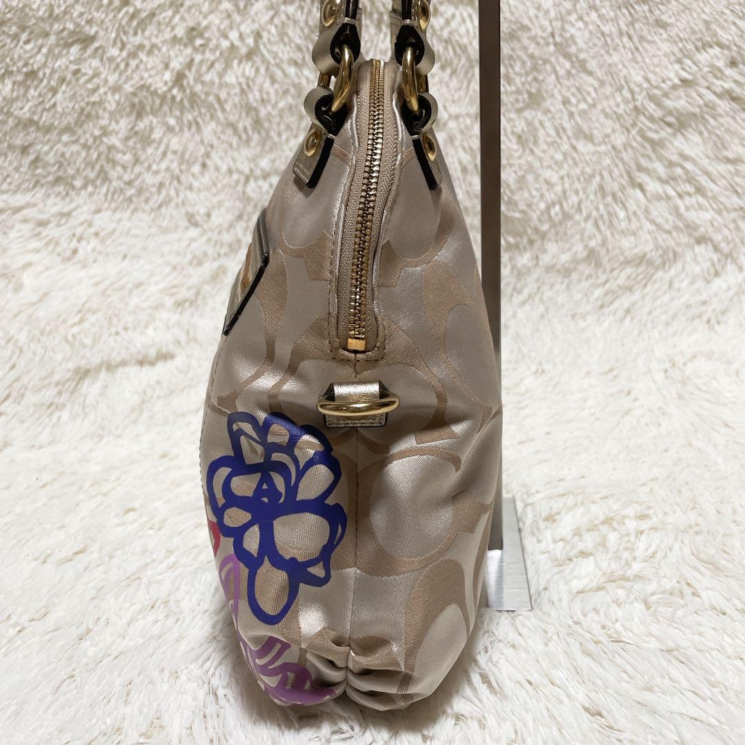 COACH Hand Shoulder Bag Tote Purse 2way Signature 22323 Canvas Beige Gold Auth