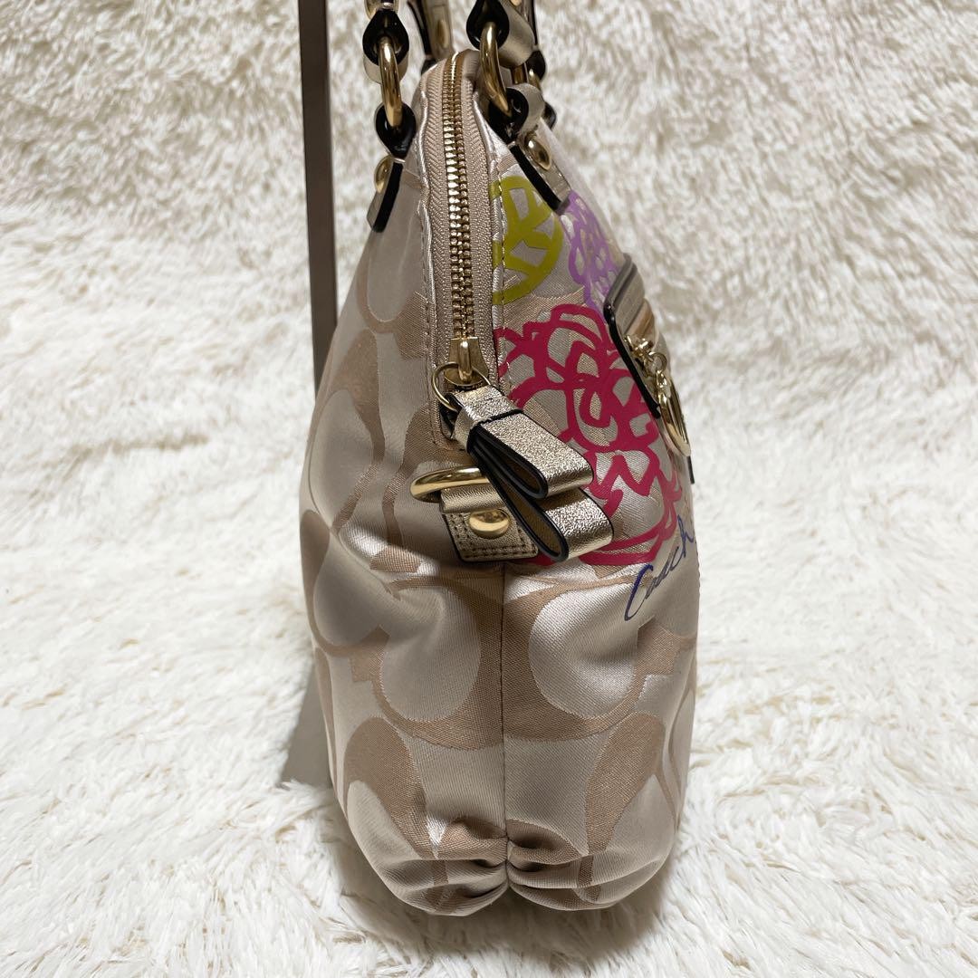 COACH Hand Shoulder Bag Tote Purse 2way Signature 22323 Canvas Beige Gold Auth