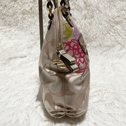 COACH Hand Shoulder Bag Tote Purse 2way Signature 22323 Canvas Beige Gold Auth