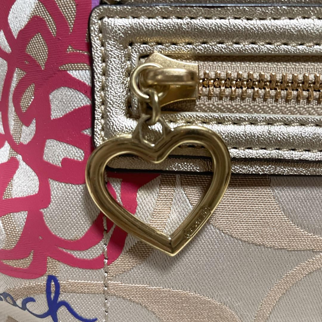 COACH Hand Shoulder Bag Tote Purse 2way Signature 22323 Canvas Beige Gold Auth