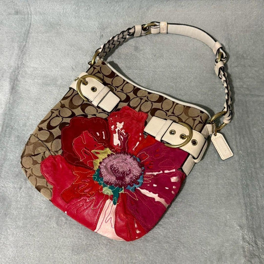 COACH Shoulder Bag Purse Signature Popy Flower Beige Authentic