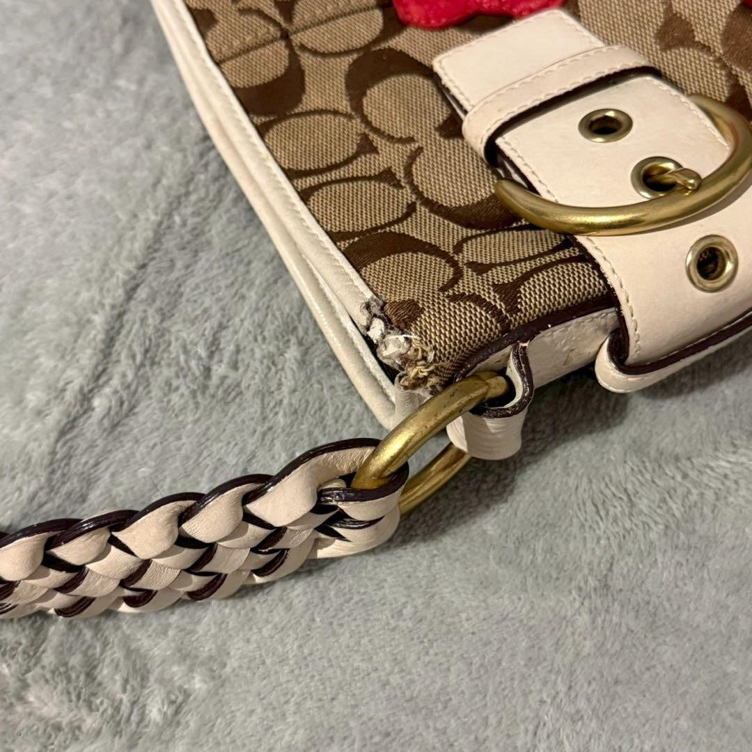 COACH Shoulder Bag Purse Signature Popy Flower Beige Authentic
