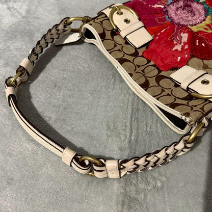 COACH Shoulder Bag Purse Signature Popy Flower Beige Authentic
