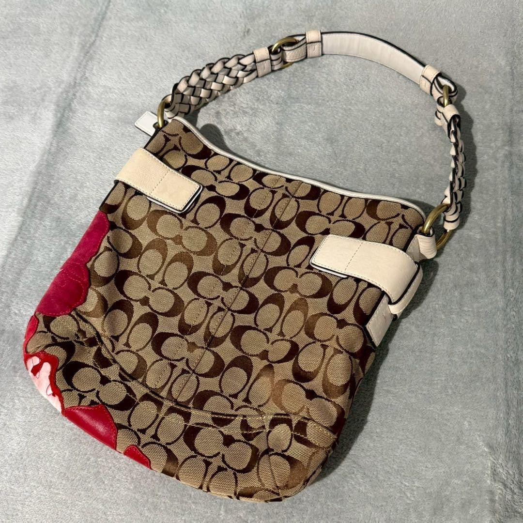 COACH Shoulder Bag Purse Signature Popy Flower Beige Authentic