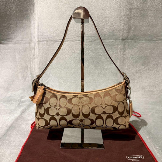 COACH Accessory Pouch Hand Bag Tote Purse Signature Leather Beige Authentic