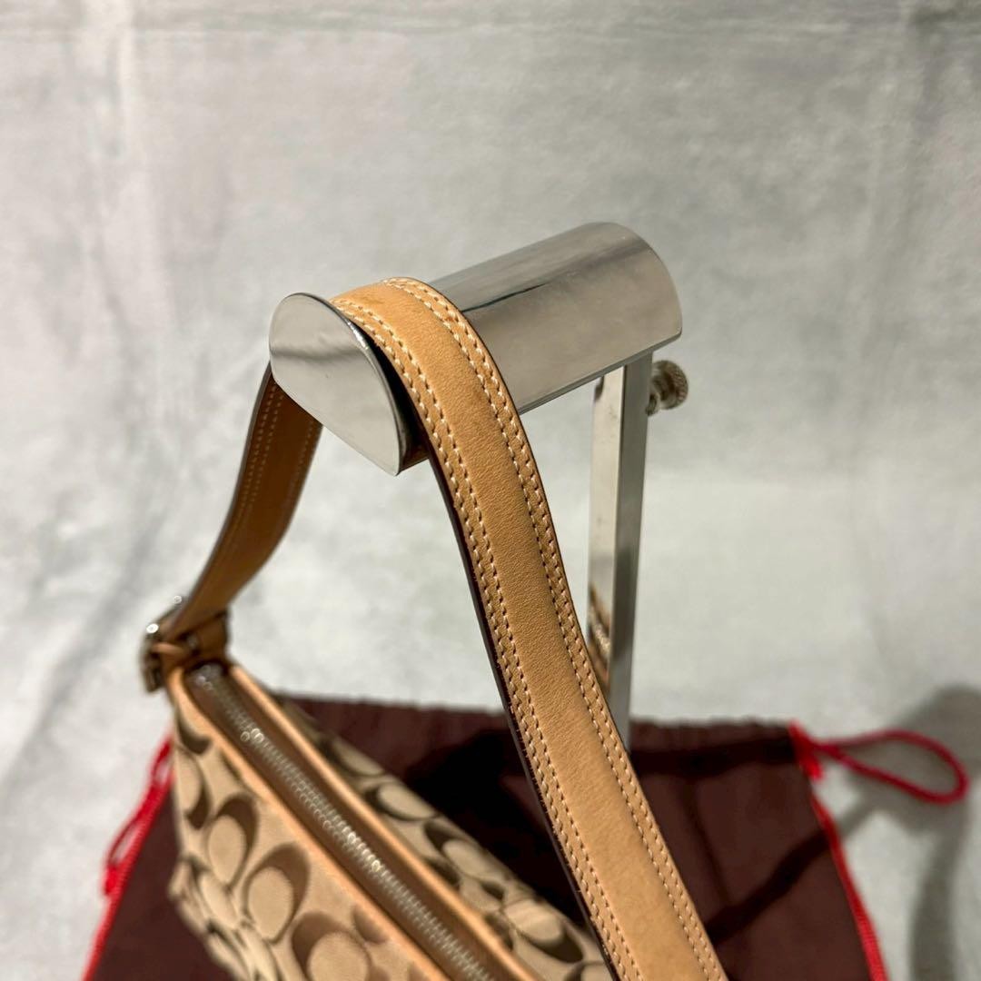 COACH Accessory Pouch Hand Bag Tote Purse Signature Leather Beige Authentic