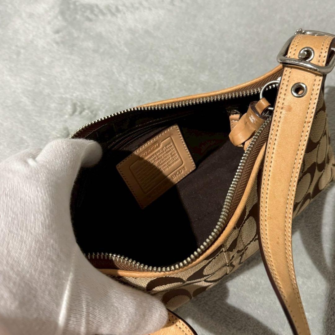 COACH Accessory Pouch Hand Bag Tote Purse Signature Leather Beige Authentic